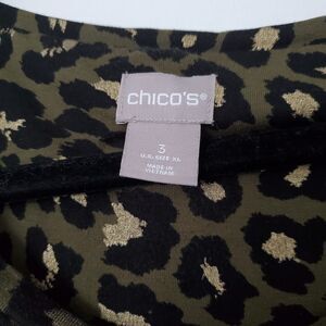 Chico's Olive Green Foil Leopard Cheetah Print Top Size 3